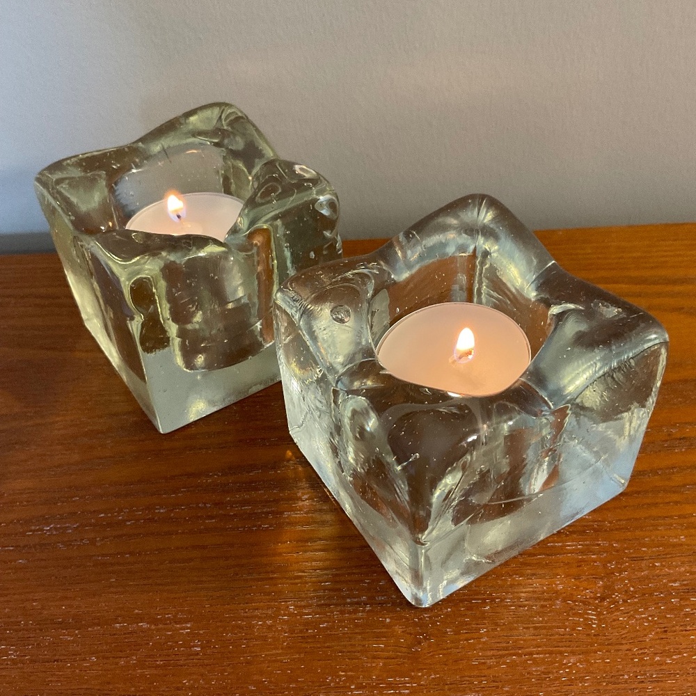 Vintage Clear Glass Square Ice Cube Candle Holders - Set of Two
